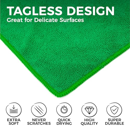 The Rag Company - All-Purpose Microfiber Terry Cleaning Towels - Commercial Grade, Highly Absorbent, Lint-Free, Streak-Free, Kitchens, Bathrooms, Offices, 300gsm, 12in x 12in, Green (12-Pack) - color: Green, size: 12in x 12in