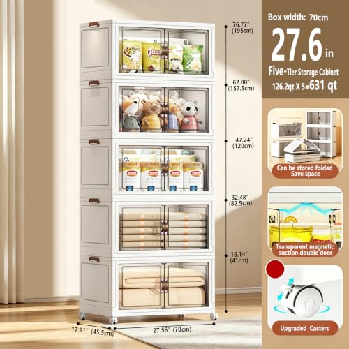 5‑Pack Foldable Stackable Storage Boxes, 631 QT Organizer Container with Magnetic Doors & Wheels for Home, Garage, Office (27.56" W x 17.91" D x 76.77" H) - size: 5PACK-27.56"W17.91"D76.77"H