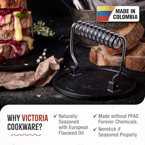Victoria Round Cast-Iron Meat Press with a Wire Handle, Preseasoned with Flaxseed Oil, Made in Colombia - color: Black