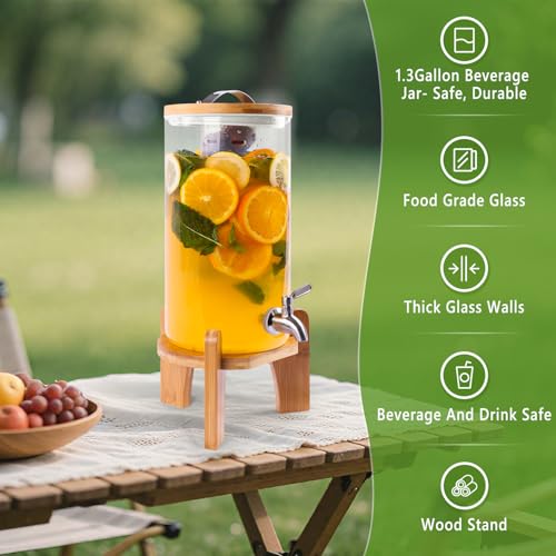 1.3 Gallon Drink Dispenser, Glass Beverage Dispenser with Wood Stand, Lemonade Dispenser with Airtight Valve and Stainless Steel Spigot Fruit Infuser, Thick Drink Dispenser for Parties Restaurants - size: 1.3 Gallon(5L)