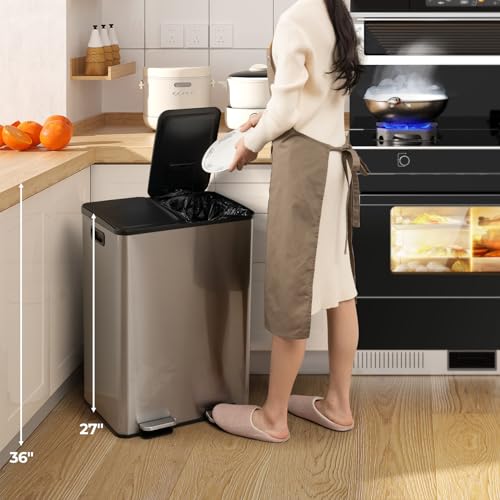 Goplus Dual Trash Can, 16 Gallon/ (2x30L) Double Trash and Recycling Bin Combo for Kitchen, Stainless Steel Garbage Can with 2 Removable Inner Buckets, Soft Closure & Step-on Pedal - color: Silver, size: 16 Gallon