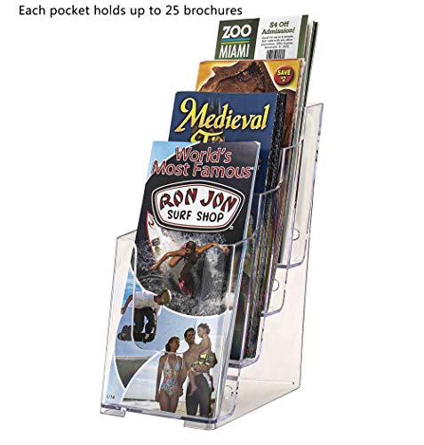 Marketing Holders 4”W Brochure Holder Displays Organizer Handout Take One Advertisements Tri-fold Brochures Acrylic Four Pocket Counter Top or Wall Mount Design Tiered Pamphlet Maps Menu