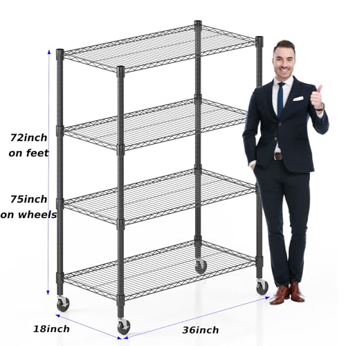 Homdox Heavy Duty Metal Shelves for Storage, 4 Tier Storage Racks and Shelving, Commercial Adjustable Wire Shelving Unit on Wheels, Garage Rack Pantry Shelves Kitchen Shelving, 18"x36"x72", Black - color: Black, size: 18"Dx 36"Wx 72"H, 4 Tier