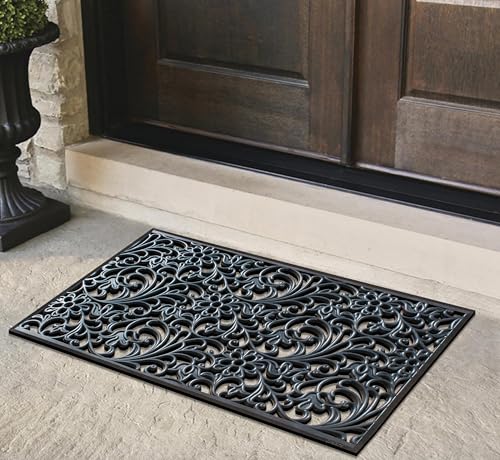 A1 Home Collections 20-LB Heavy Duty Rubber Doormat 30"×48" - Won't Blow Away | Outside Front Door Mat, Mud Dirt Scraper, Non-Slip Drainage Mat for Entryway Patio Garage, All-Weather, 100% Rubber Mats - color: Black Newly Developed Floral Paisley, size: 2