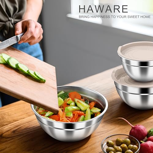 HaWare Mixing Bowls with Airtight Lids, 6-Piece Stainless Steel Salad Bowls - color: Khaki, size: Airtight Lids