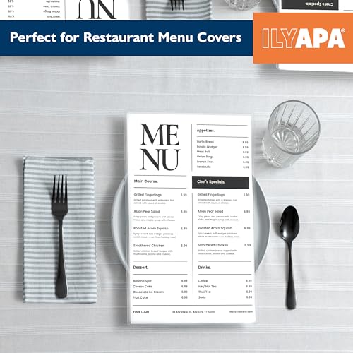 Ilyapa Restaurant Menu Covers 11 x 17 Inch - 30 Pack, Single Page, 2 View Clear Menu Holder Sleeves, Durable PVC Sheet Protector to Cover Inserts - color: Clear, size: 11 x 17