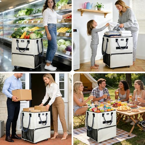 Reusable Grocery Bag on Wheels, Foldable Rolling Tote Bag with 6 Pockets - color: Beige, size: Small