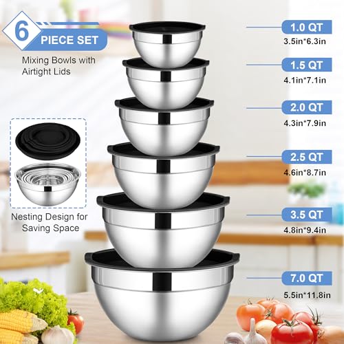 LIANYU Mixing Bowls with Lids Set of 6, Stainless Steel Nesting Metal Bowl - color: Black, style: Atlas Base with Airtight Lids