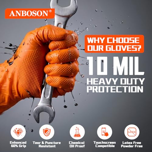 ANBOSON 10mil Nitrile-Gloves Disposable-Orange Chemical-Resistant Rubber - Mechanic Gloves Heavy Duty, Latex Free, Diamond Grip (100, Medium) - color: Orange-100, size: Medium