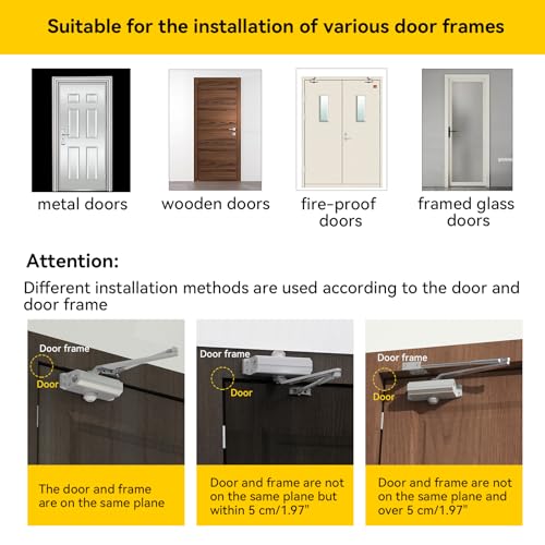 Automatic Door Closer Heavy Duty Fire Prevention Spring Hydraulic Aluminum Alloy Surface Mounted Residential Commercial Grade Door Closer Adjustable Speed Door Weights 55-99 Lbs Size1-Silver - size: Size1 Silver-Door Weight 55-99 Lbs