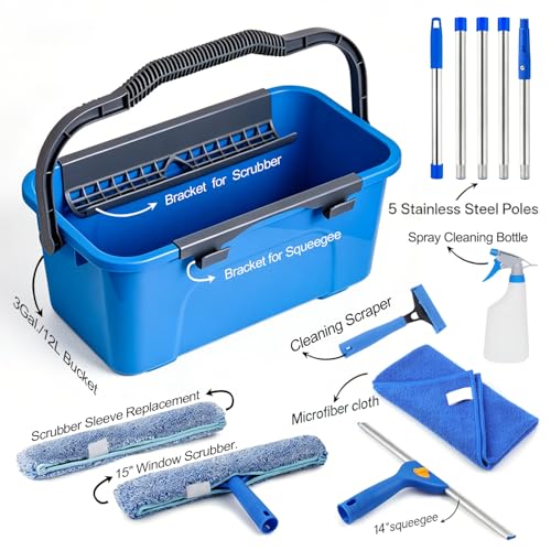 Professional Window Cleaning Kit, 76" Squeegee & Scrubber with 3 Gal Bucket