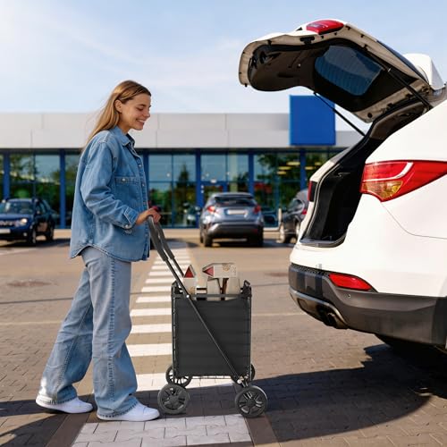 Whitmor Foldable Utility Shopping Cart with Wheels, 60Lb Capacity, Heavy Duty Grocery Cart with Steel Frame, Foam Handle, Rolling Utility Cart for Grocery, Laundry, Travel, Black/w Liner - size: 18.5"L x 18.5"W x 35"H,Black w/Liner