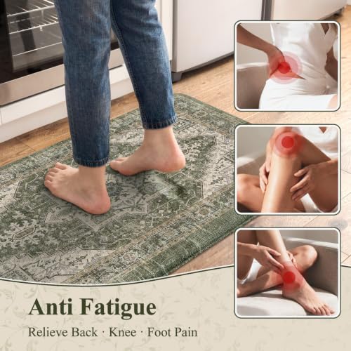 KIMODE Anti Fatigue Mats for Kitchen Floor, Green Distressed Kitchen Rugs - color: Green/Multi, size: 17.3" x 47 "+ 17.3" x 29 "--0.47 inches