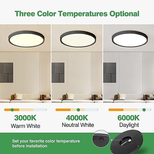 15.8Inch Black LED Flush Mount Ceiling Light, 32W, 3480LM, 3CCT Selectable - color: Black, size: 15.8" 1PK
