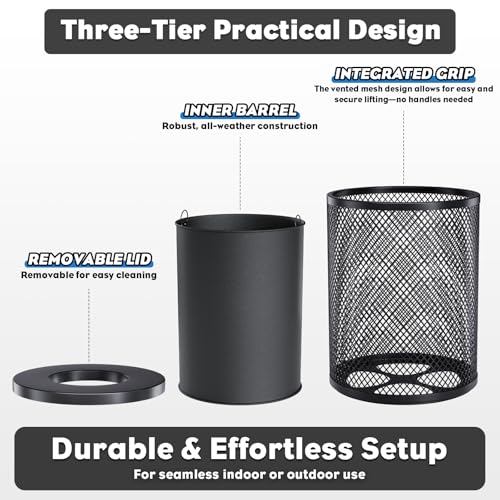 Outdoor Trash Can Commercial, Heavy Duty Large Metal Garbage Can for All Weather Resistant, Garbage Bin Waste Receptacle for Parks, Streets, Patio, Public Spaces - color: Black