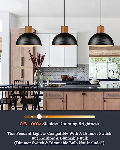 ELYONA 12" Hammered Metal Pendant Light, Rubber Wood Dome Hanging Lamp, Modern Pendant Light Fixtures for Kitchen Island, Bar, Farmhouse Dining Room, Bedroom, Hallway - Black - color: Black - 1 Pack