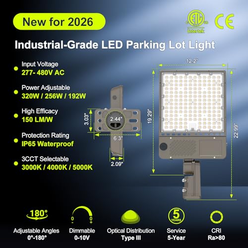 480V LED Parking Lot Light 320W/256W/192W, 3000K 4000K 5000K Adjustable 48000LM 0-10V Dimmable with Photocell, ETL Listed Shoebox Pole Lights Outdoor Arm & Slip Fitter Mount, AC277-480V