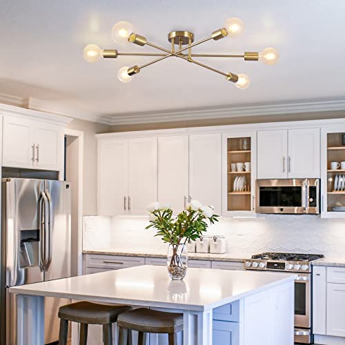 Semi Flush Mount Ceiling Light, 6-Light Brass Modern Sputnik Chandeliers with E26 Base, Mid Century Industrial Vintage Farmhouse Kitchen Light Fixtures for Living Room Dining Room Bedroom - color: Brass