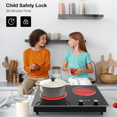 GIHETKUT Electric Cooktop,110V 2100W 2 Burner stove,Built-in & Countertop Stove Top with10 Heating Level, Timer & Kid Safety Lock, LED Knob Touch Control 2 Burner Electric Cooktop - size: 2 Burner Electric Cooktop Built-In