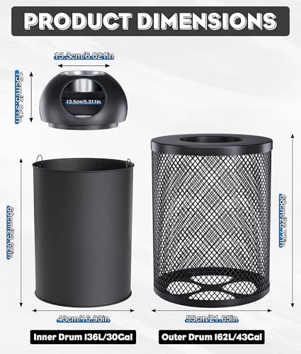 Outdoor Trash Can, Large‑Capacity Metal Garbage Bin with Lock & Top Ashtray, Mesh Outer Barrel Commercial Waste Receptacle for Park Street School Plaza Store (Black, 43 Gal-Round Shape & Lid) - color: Black, size: 43 Gal-Round Shape & Lid