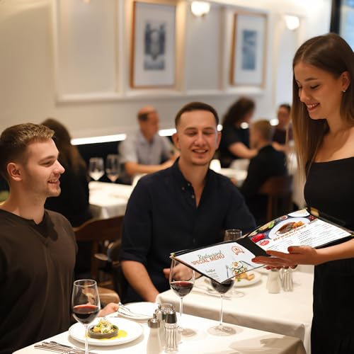 Restaurant Menu Covers 8.5" x 11" - 25 Pack Black Menu Holders, 3-Page/6-View, Side-Loading Vinyl, Clear Sleeves, Double-Stitched Edge, Waterproof, with Metal Corners for Restaurants, Cafes & Diners - color: Black, size: 3 page / 6 view - 8.5" x 11"