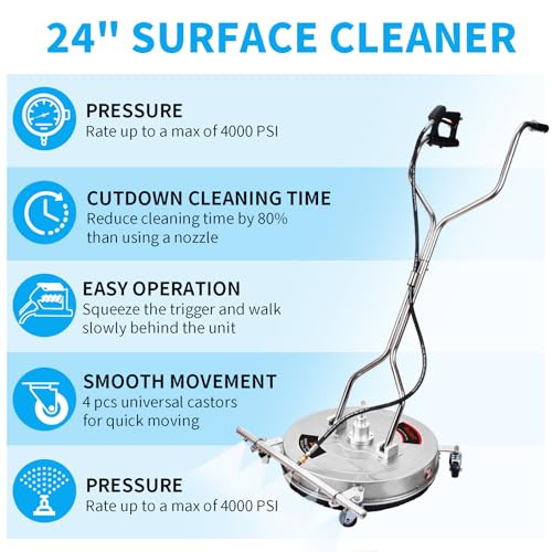 24" Pressure Washer Surface Cleaner with 5 Nozzles Water Broom - Stainless Steel Surface Cleaner for Pressure Washer Attachment for Concrete, Patio, Sidewalk, Deck and Driveways, 4200 PSI - size: 24 Inch Water Broom