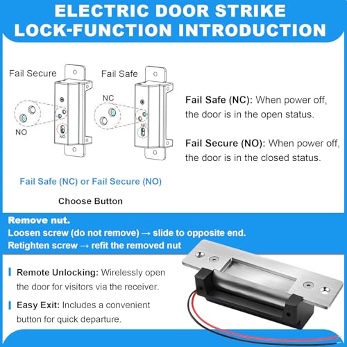 Upgraded Electric Strike Door Lock Kit with Wireless Remote, Button & Buzzer, Fail-Secure/Fail-Safe Adjustable Access Control System, 12V DC NO/NC Door Buzzer Entry fits Cylindrical Mechanical Locks - color: Black -C, size: Wireless Remote - Cylindrical