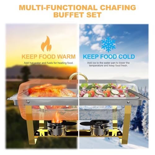 Chafing Dishes for Buffet 4 Pack,Festa Essential 8QT Elegant Gold&Silver Stainless Steel Rectangular Catering Chafers Food Warmer with Full,Half,1/3 Food Pan,Fuel Holder,Foldable Frame For Any Party - size: Golden:1/1 pan*2, 1/2 pan*2,1/3 pan*3