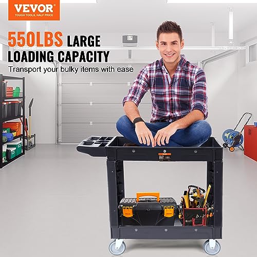 VEVOR Utility Service Cart, 2 Shelf 550LBS Heavy Duty Plastic Rolling Utility Cart, Medium Lipped Shelf, 360° Swivel Wheels, Ergonomic Storage Handle for Warehouse Garage, Black - size: 40.55 x 17.71 x 33.46 in