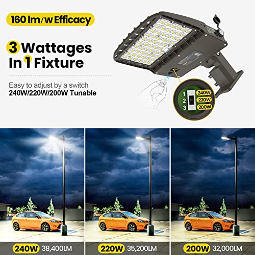 YARBO LED Parking Lot Light - 240W/220W/200W Switchable, 5000K 38400LM 160LM/W Shoebox Light, Dusk to Dawn Photocell, IP65 Waterproof ETL Listed 100-277V for Plazas & Streets, Arm Mount & Slip Fitter - size: 240W-220W-200W Switchable