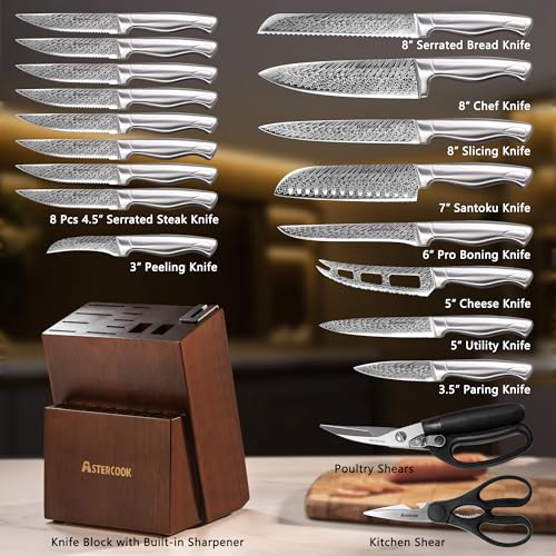 Knife Set, Astercook 21 Pieces Kitchen Knife Set with Built-in Sharpener, German Stainless Steel Knife Block Set, Razor-Sharp Knives with Full-tang Handle, Dishwasher Safe Kitchen Utensils Set - size: 21 Piece