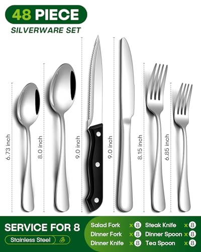 PHILIPALA Silverware Set, 48-Piece Flatware Set with Steak Knives for 8, Stainless Steel Mirror Cutlery Include Forks Spoons and Knives Set, Dishwasher Safe Utensils Set for Home Restaurant - color: Silver