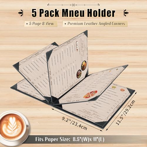 Restaurant Menu Covers Holders 8.5 X 11, 5 Pack Synthetic Leather Menu Holder Covers Book Style with Angled Corners Black for Wine List, Certificate Organizer Diploma Holder (5 Page 8 View) - size: 5 Page 8 View