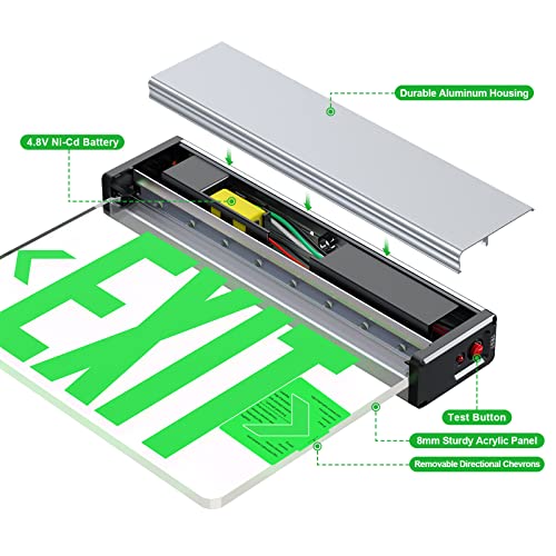 Green LED Edge Lit Exit Sign Brushed Aluminum Housing, UL Listed Emergency Exit Signs Single Sided Clear Acrylic with Battery Backup, AC 120-347V Hardwired Exit Lights, Top/Side/Wall Mount (1 Pack) - color: Single Sided Green, size: 1 Pack