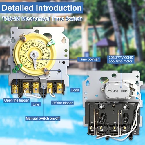 T104M Pool Timer Mechanism Only, Pool Pump Timer, 208-277V 40A Time Switch, 24 Hour 12 ON/Off for Pool Pump, Heavy-Duty Mechanical Time Switches,Time Switch Mechanism Only, 5 Years Warranty - style: T104M