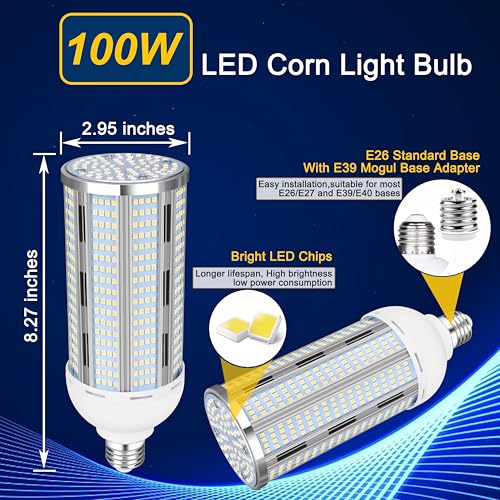 4Pack 100W LED Corn Bulb, 12500LM Super Bright 5000K Daylight White, E26/E39 Large Mogul Base, 400W Metal Halide MH HID HPS Replacement, LED Corn Lamp for Garage Warehouse Workshop Barn Factory