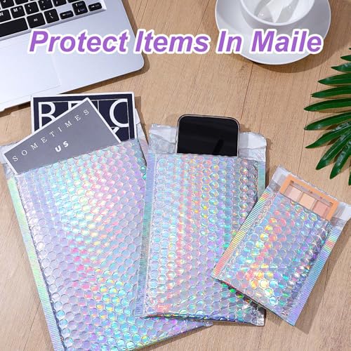 50 Pack Bubble Mailers, Holographic Bubble Mailers with 3 Sizes, Waterproof Self Seal Adhesive Foil Glitter Glamour Shipping Bags for Mailing, Packing, Small Business, Jewelry Makeup Supplies