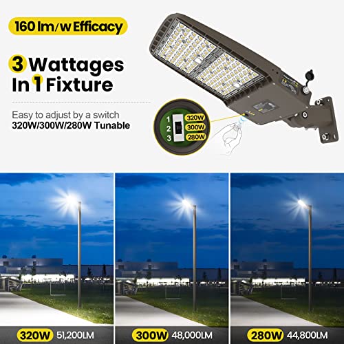 YARBO LED Parking Lot Light - 320W/300W/280W Switchable, 5000K 51200LM 160LM/W Shoebox Light, Dusk to Dawn Photocell, IP65 Waterproof ETL 100-277V for Warehouses & Stadiums, Arm Mount & Slip Fitter - size: 320W-300W-280W Switchable