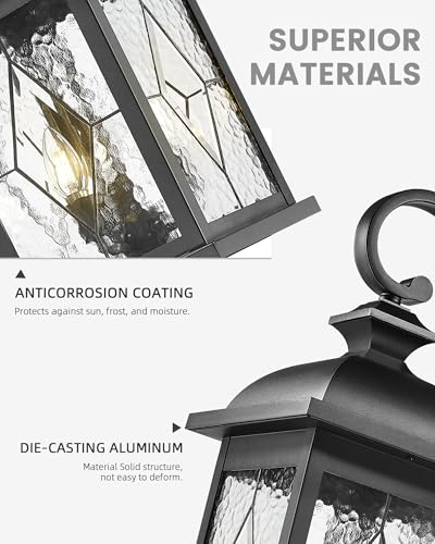FEMILA 3-Light Outdoor Wall Light, 26" Large Exterior Wall Lantern with Water Ripple Glass, Porch Light for Entryway, Patio, Garage, and Doorway, E12 Base, 4FD54B-L SD BK - color: Matte Black, Lozenge Pattern, size: 26", Single Unit