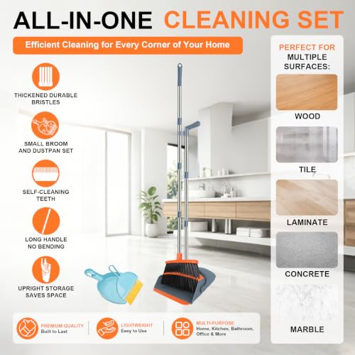 Broom and Dustpan Combo Set, 51" Long Handle Broom with Mini Set - color: Orange, size: Normal