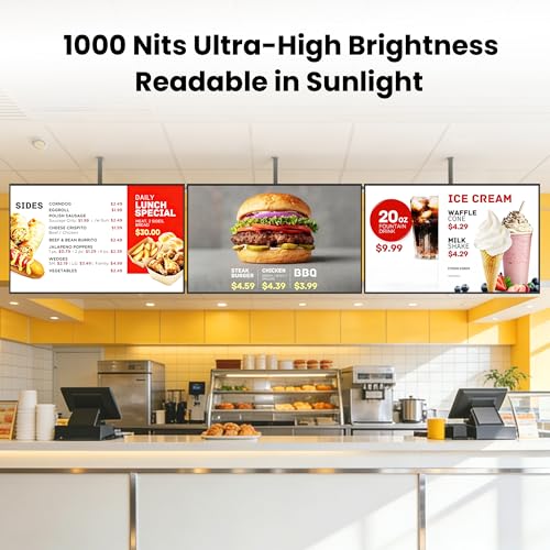 55 Inch Digital Signage Display, 4K FHD 1000 Nits Advertising Screen, Android 14.0 Wall Mount Digital Menu Board for Restaurants, Smart tv signage with 4GB RAM 64GB Storage, Smart Split Screen - size: 55 inches