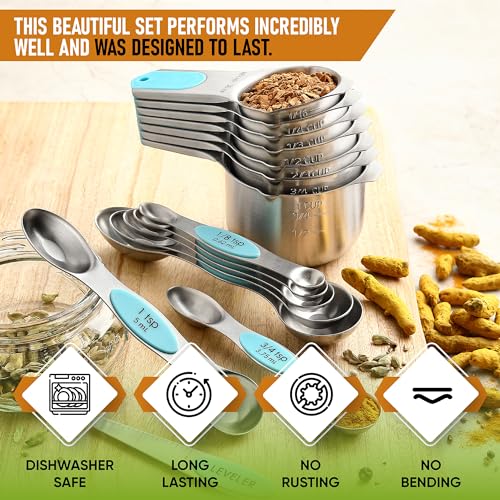 Spring Chef 15 Magnetic Measuring Cups & Spoons Set w/Levelers, Aqua Sky - color: Blue (Aqua Sky)