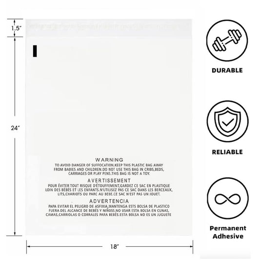 POLYSELLS 100 Count 18x24” Clear Poly Bags with Suffocation Warning Self-Sealing Plastic Bags for Shipping, Retail Packaging, T-Shirts & Clothing - Permanent Adhesive - color: Transparent, size: 18"x24" 100 Count
