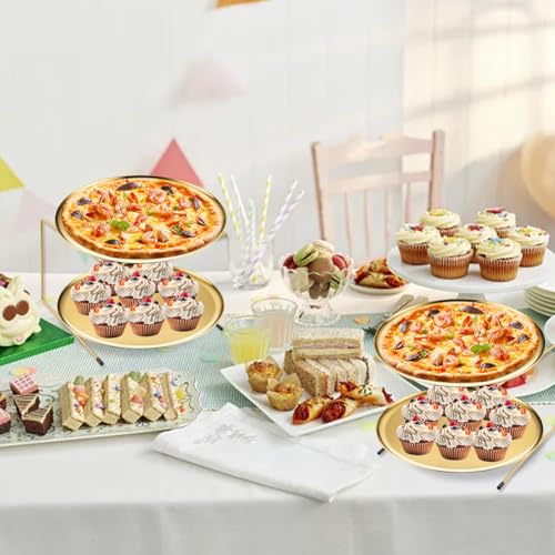 GRETJOB 6 Pcs Pizza Pan Riser Stand Set, 2 Metal Pizza Table Stands + 2 Nonstick Pizza Pans + 2 Pie Servers, Gold Pizza Rack & Tray for Baking, Dessert, Cheese, Party, and Restaurant Use (Gold 2Pcs) - color: Gold 2Pcs