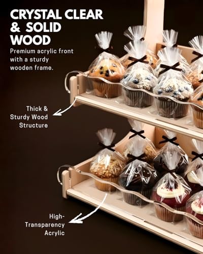 HOTCAN Cookie Display Stand for Bakers & Vendors with Acrylic Front | Wooden Dessert Stand with Chalkboard Sign for Market Booths, Craft Fairs & Events | 3 Tiered Cookie Display for Cupcakes, Muffins & Pastries (Natural) - color: Natural, size: 3 Tier