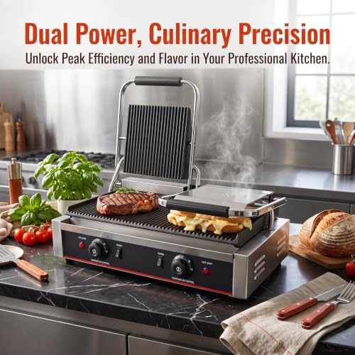 Commercial Panini Press With Grooved Grill Sandwich Maker Machine Electric Contact Grill Single (Double Grooved Top&Bottom) - style: Double Grooved Top&Bottom