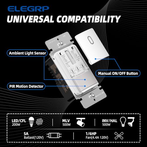 ELEGRP Matte White Single Pole Occupancy Motion Sensor Light Switch, Need Neutral Wire, 120° Sensor Coverage PIR Infrared Motion Activated, for CFL/LED/MLV/INC/HAL/Fan, UL,2 Pack - color: White, size: 2 Pack