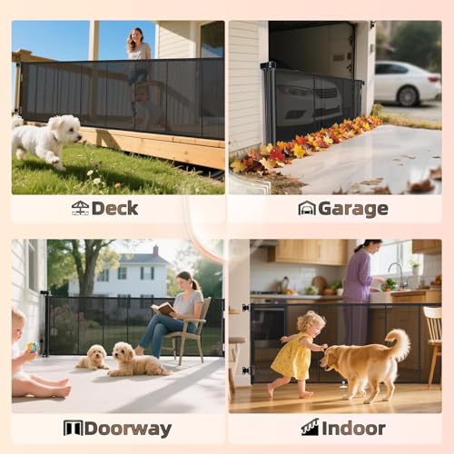 Miumoon 100 inch Reinforced Retractable Baby Gates 34 inch Tall - color: Black, size: 34" Tall x 100" Wide