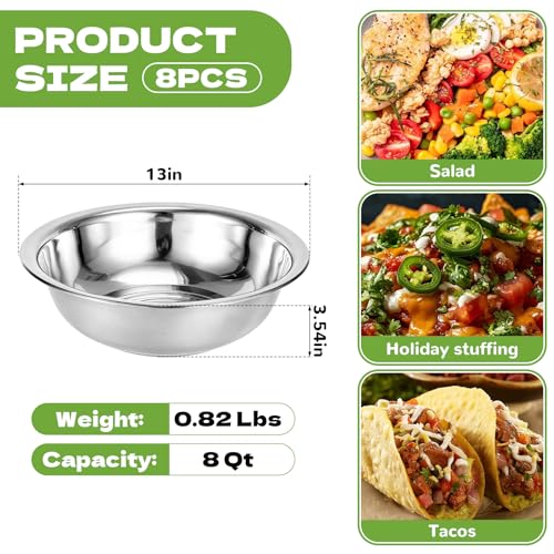8 PCS Stainless Steel Mixing Bowls 13 Inch 8 Qt Extra Large Metal Basin with Mirror Finish, Heavy-Duty Salad Dough Bowl Kitchen Prep Bowl Dishwasher Safe Dish Tub for Home & Commercial Cooking