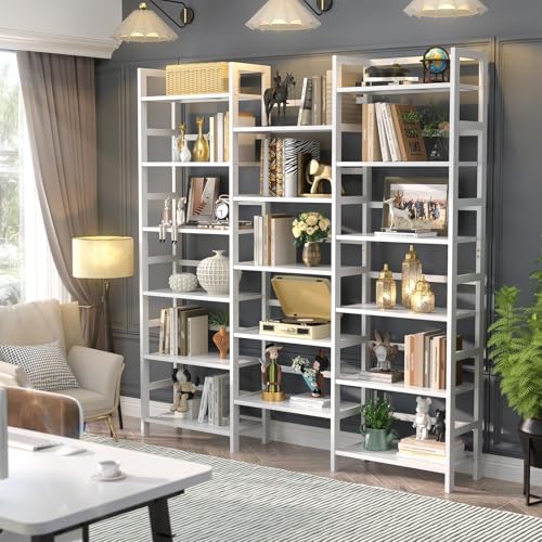 Homykic 6-Tier Bamboo Bookshelf, 61” Triple Wide Bookshelves and Bookcases - color: White, size: Triple Wide
